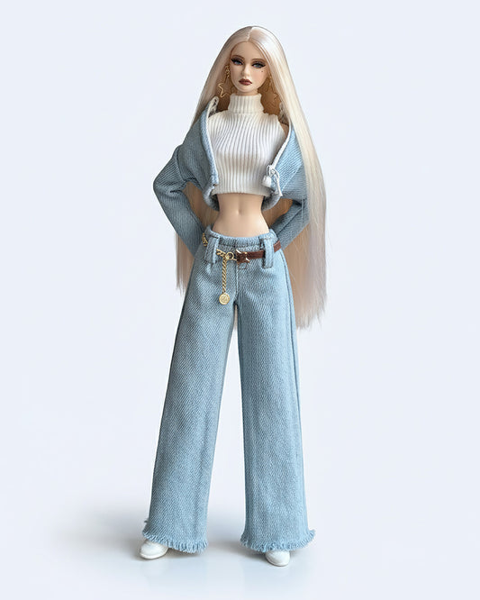 Denim Sweater Set — Denim Jacket/Turtleneck Sweater/Jeans/Belt/Earrings/Shoes [1/6 FR6.0/MTM]