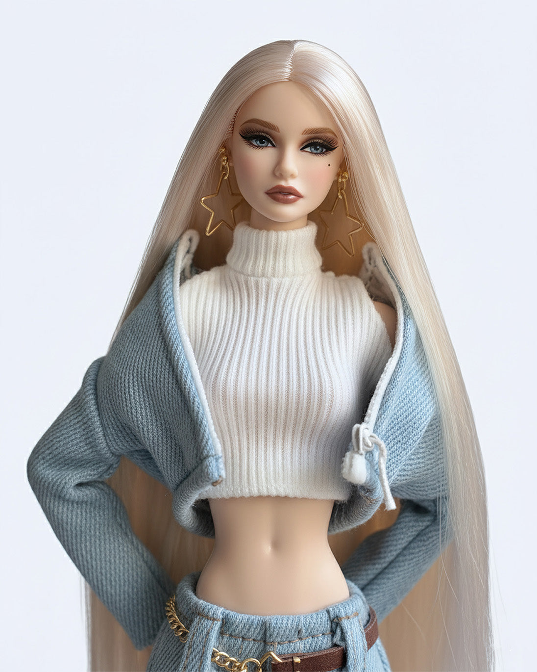 Denim Sweater Set — Denim Jacket/Turtleneck Sweater/Jeans/Belt/Earrings/Shoes [1/6 FR6.0/MTM]