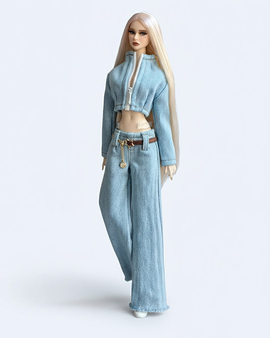 Denim Sweater Set — Denim Jacket/Turtleneck Sweater/Jeans/Belt/Earrings/Shoes [1/6 FR6.0/MTM]